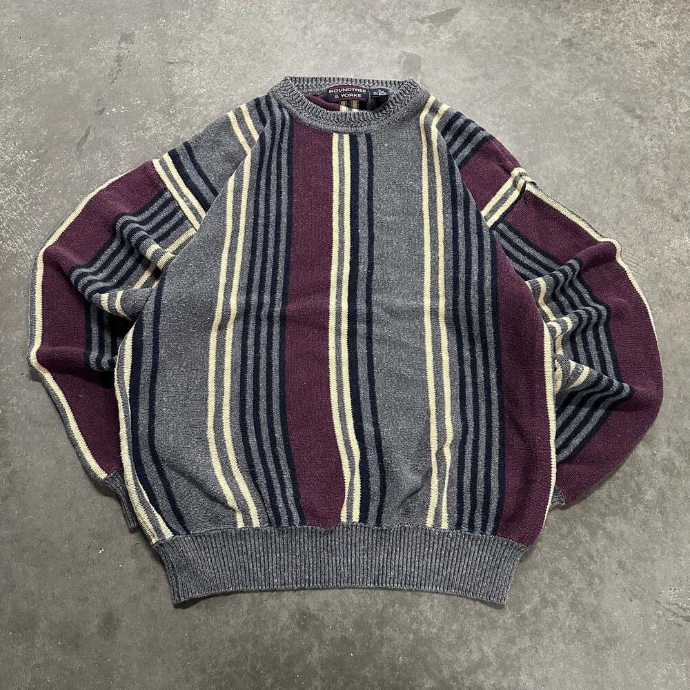 Roundtree & Yorke Vintage Striped Knit Crewneck Sweater Medium Gray Burgundy